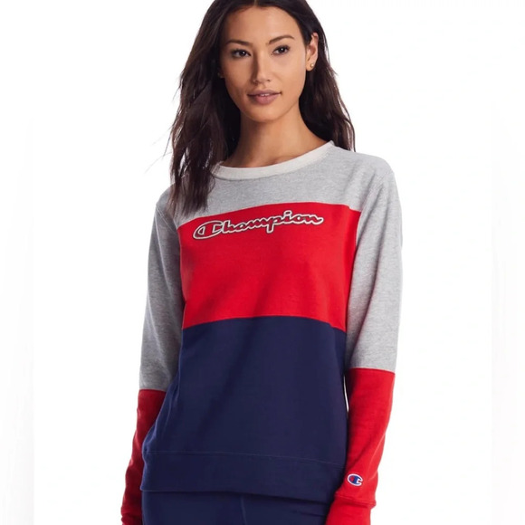 Champion Tops - Champion Powerblend Red, Gray and Blue Colorblock Script Logo Sweatshirt